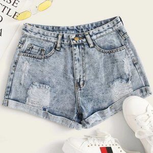 Shein Flakes Ripped Rolled Hem Denim Shorts - S